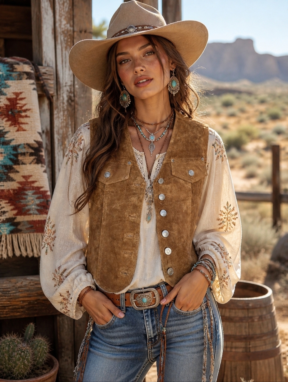 Suede Button-Front Western Vest in Tan